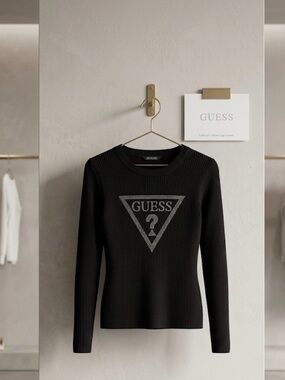 GUESS Black Long-Sleeve Ribbed Logo Top XL